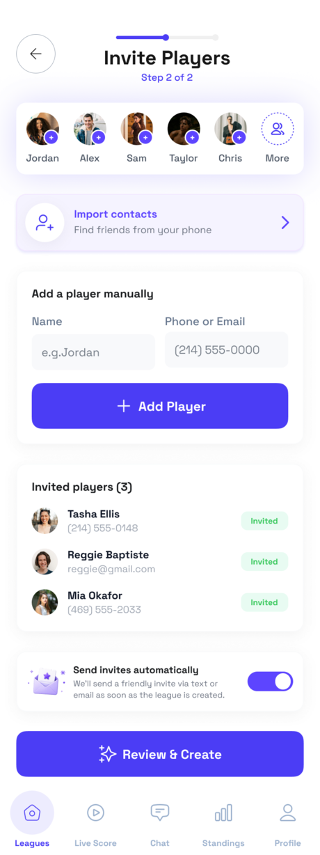 Spavo app — invite players screen