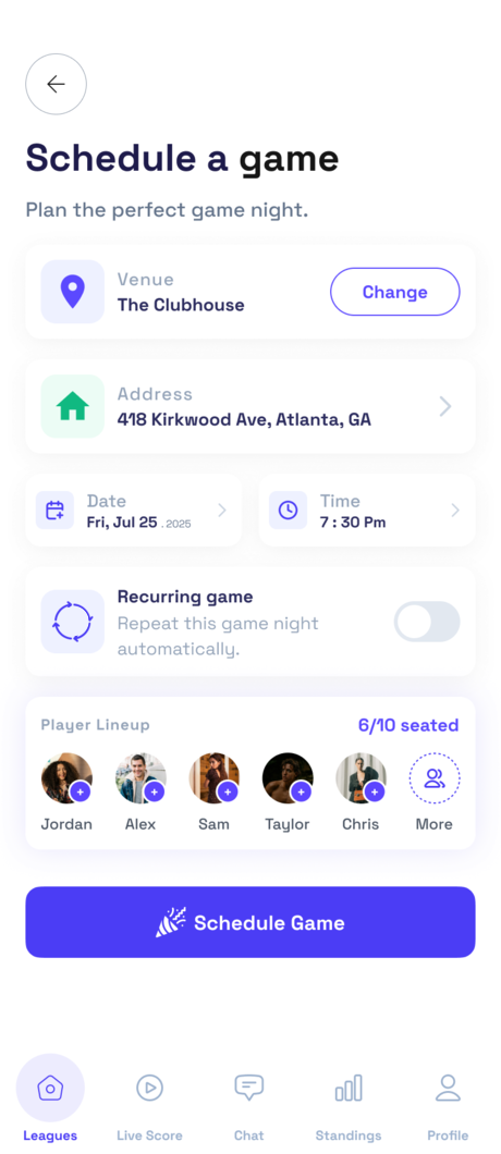 Spavo app — schedule a game screen
