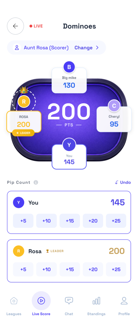 Spavo app — live Dominoes scoring screen