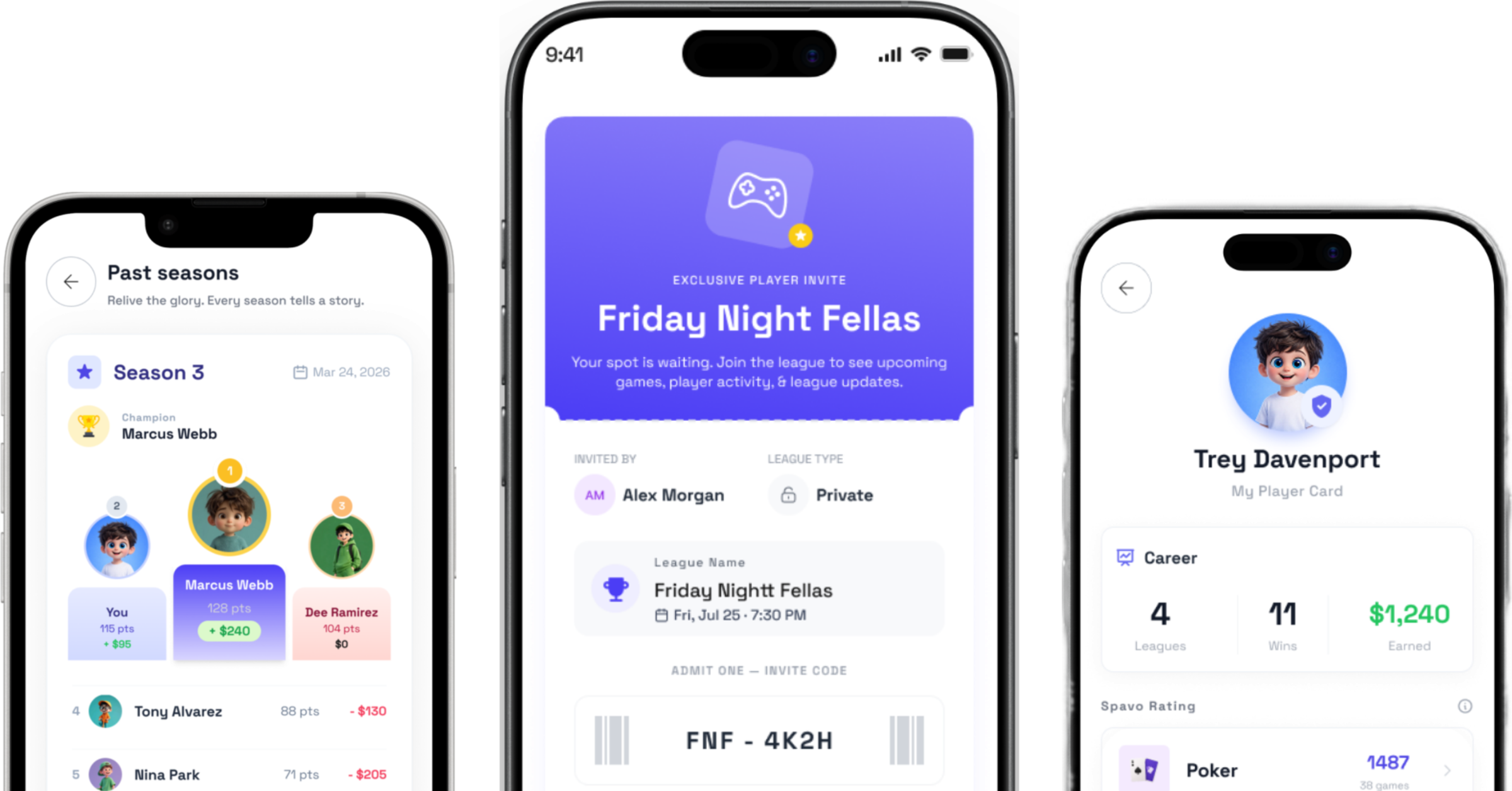 The Spavo app on three phones: past seasons, a league invite for Friday Night Fellas, and a player profile.