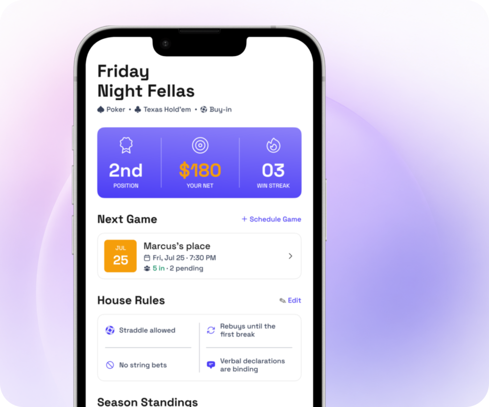 A Spavo league home screen for Friday Night Fellas showing standings, the next game, and house rules.